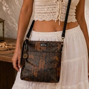 Pistil Brown Black Chevron Arrow Print Coated Cotton Crossbody Bag Teal Lining